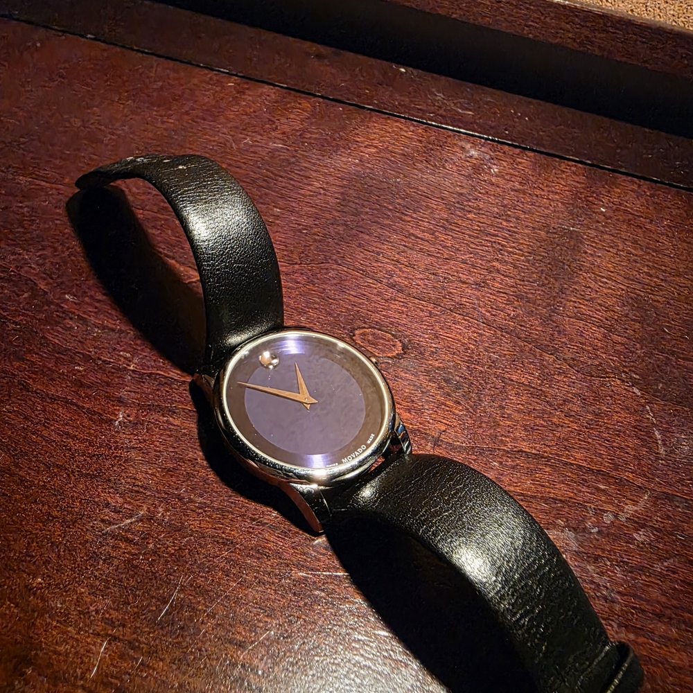 Movado Watch 40mm Blue Museum with Concave Dot, Leather Strap